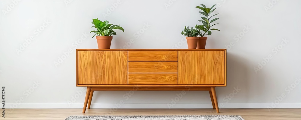 Solid wood sideboard in a modern living room, home decor, clean lines, warm natural wood grain, soft ambient lighting, potted plants on top, elegant rug, neutral walls Solid wood sideboard in a modern living room, home decor, clean lines, warm natural wood grain, soft ambient lighting, potted plants on top, elegant rug, neutral walls