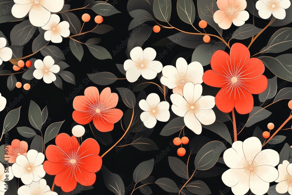 custom made wallpaper toronto digitalJapanese art pattern of red and white flowers, green leaves on a black background