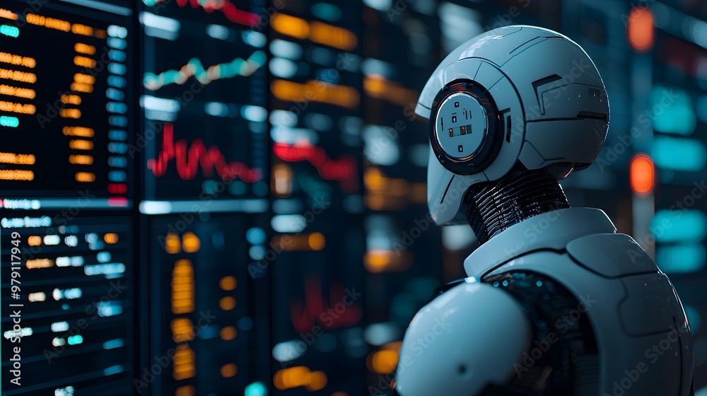 Futuristic Robot Analyzing Cryptocurrency Trends in a High-Tech Market Environment at Night. Robot Algorithm Trading Concept Futuristic Robot Analyzing Cryptocurrency Trends in a High-Tech Market Environment at Night. Robot Algorithm Trading Concept