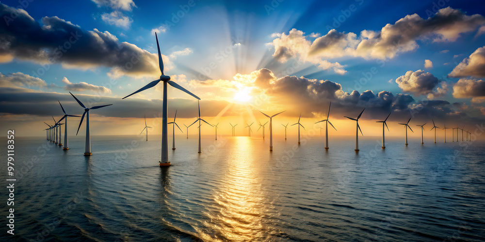 Wind turbines in ocean with sun shining on them, renewable energy, power generation Wind turbines in ocean with sun shining on them, renewable energy, power generation