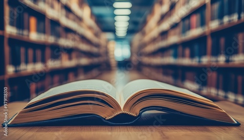 Open book on a wooden table in a quiet library with blurred bookshelves. Perfect for education, learning, and literature themes. photo