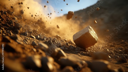 Captured moment of a rock tumbling down a hillside, surrounded by dust and debris, showcasing the raw power of nature. photo