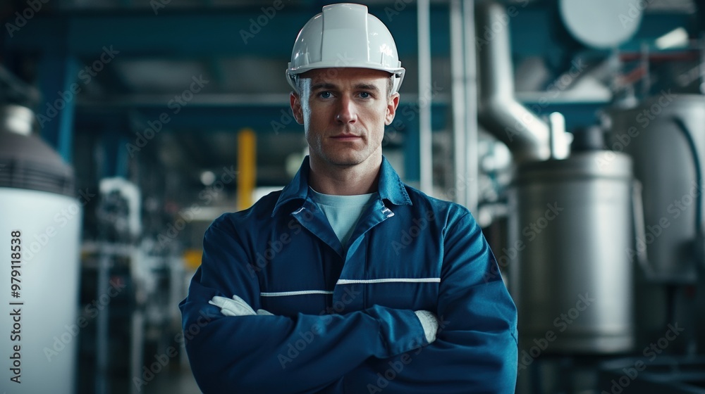 Confident Factory Worker in Blue Uniform and Hard Hat Standing with Arms Crossed in a Modern Industrial Setting. Confident Factory Worker in Blue Uniform and Hard Hat Standing with Arms Crossed in a Modern Industrial Setting.
