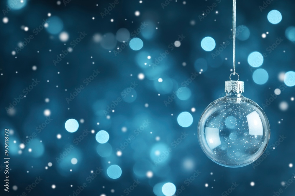 A picture depicting a lone glass Christmas ornament suspended above a deep blue backdrop, accompanied by falling snowflakes that create a surreal and dreamlike ambiance. A picture depicting a lone glass Christmas ornament suspended above a deep blue backdrop, accompanied by falling snowflakes that create a surreal and dreamlike ambiance.
