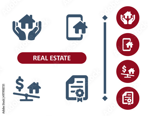Real estate icons. House, home, hands, realtor, home owner, smartphone, dollar, mortgage icon