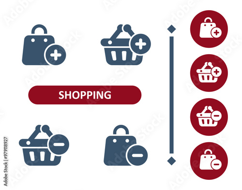 Shopping icons. Shopping bag, bag, gift bag, button, add, plus, minus, subtract, shopping basket icon photo