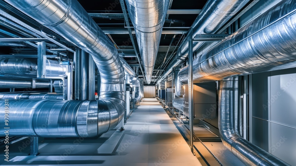 Obraz premium Industrial HVAC Ductwork Corridor - Complex System of Pipes and Ventilation in a Modern Building