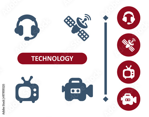 Technology icons. Device, headset, headphones, satellite, tv, video camera icon