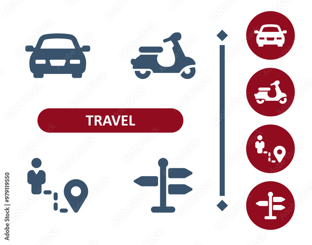 Travel icons. Tourism, car, scooter, moped, tourist, man, walking, road ...
