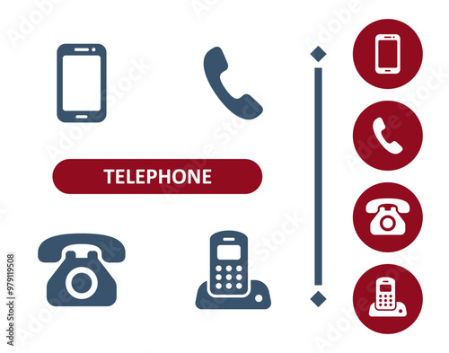 Telephone icons. Phone, handset, landline, smartphone, mobile phone, rotary telephone icon