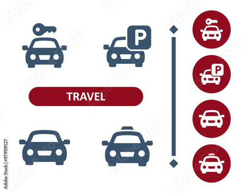 Travel icons. Tourism, car, rent, rental car, rent a car, car park, parking, taxi, cab icon