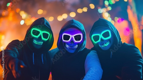 A frightful mood is created by people posing for the camera in scary costumes against a backdrop of a haunted house and Halloween decorations.