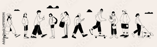 Crowd of young people, men and women, going about their business. Trendy vector illustration.