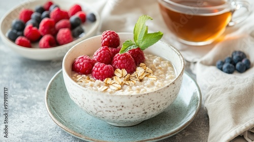 Delicious Oatmeal Breakfast with Fresh Berries and Honey