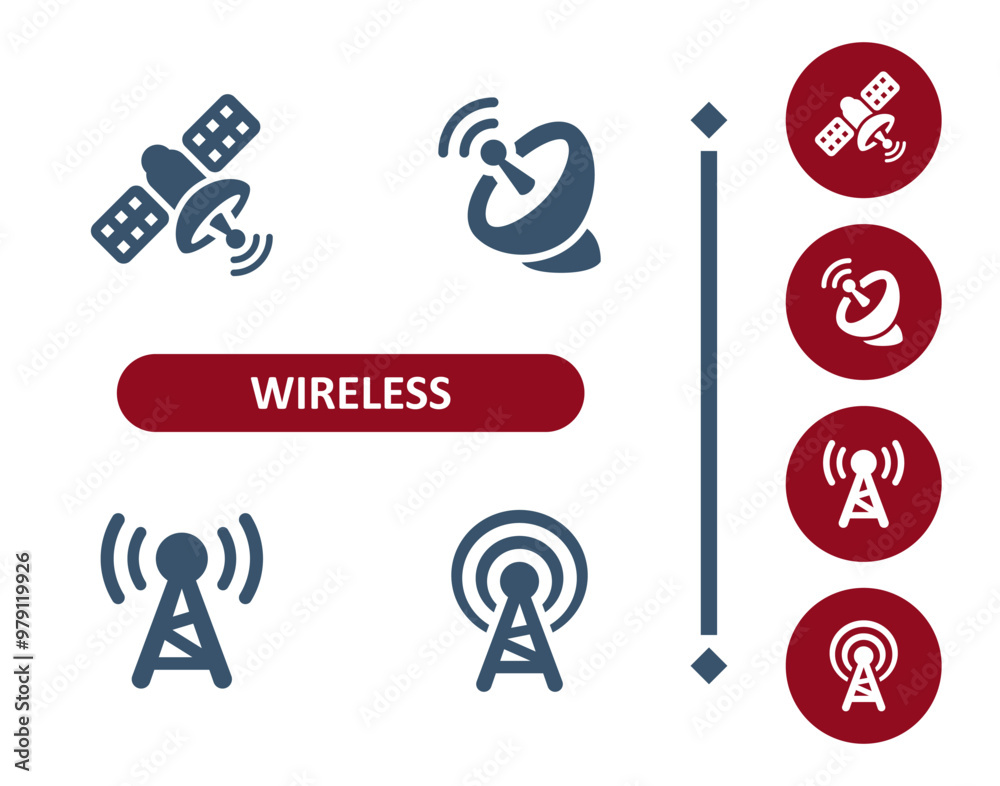 Wireless Icons. WiFi, Wi-Fi, Signal, Satellite Dish, Satellite, Radio Tower, Communications Icon Wireless Icons. WiFi, Wi-Fi, Signal, Satellite Dish, Satellite, Radio Tower, Communications Icon