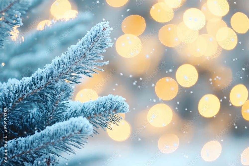 White snow falling on pine tree, Christmas lights in the background with blurred bokeh effect White snow falling on pine tree, Christmas lights in the background with blurred bokeh effect