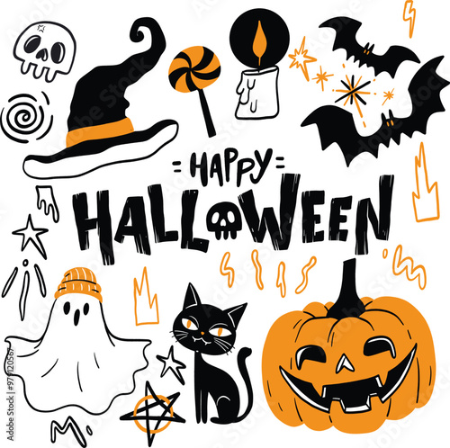 Halloween icons and elements set with pumpkins, bats, ghosts, and spooky characters