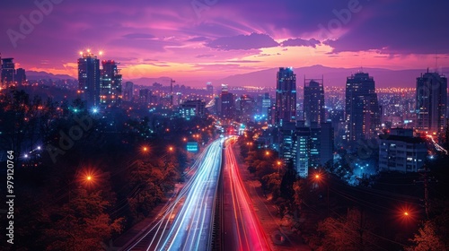 Cityscape at Twilight with a Highway and Vibrant Sky