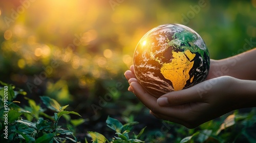 Hands protection globe on nature background with icon Environmental renewable sustainable energy CO2 net zero and ESG concept for low or neutral carbon.