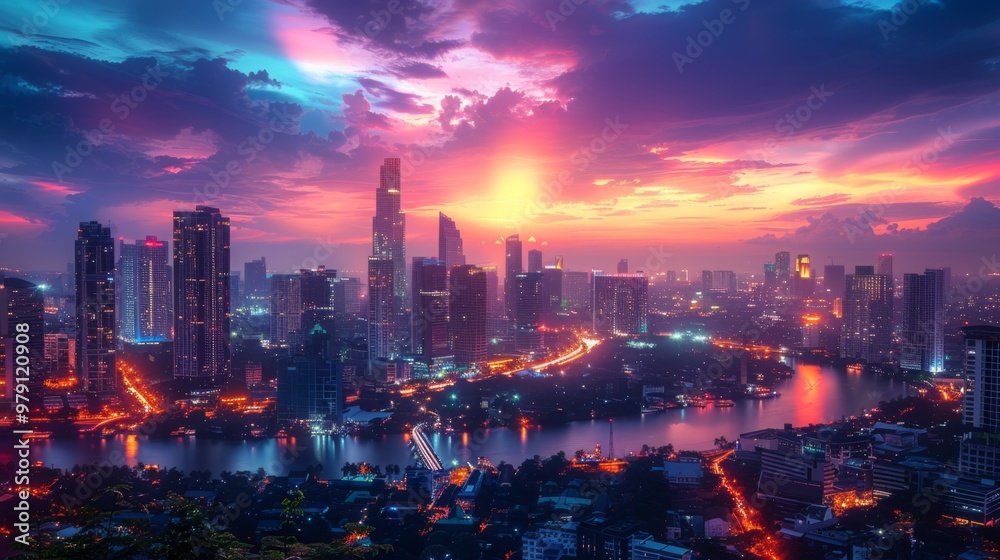 Fototapeta premium Cityscape at Sunset with Dramatic Sky