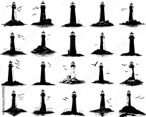 lighthouse silhouette illustration set