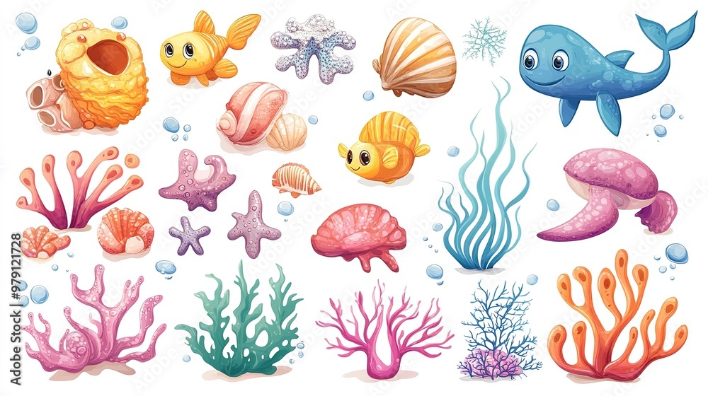 Cartoon sea animals, shells, and corals, vector set, white background. Cartoon sea animals, shells, and corals, vector set, white background.