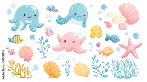 Fototapeta Naklejka Na Ścianę i Meble -  Cute sea creatures, shells, corals, and seaweed in a vector illustration on white.