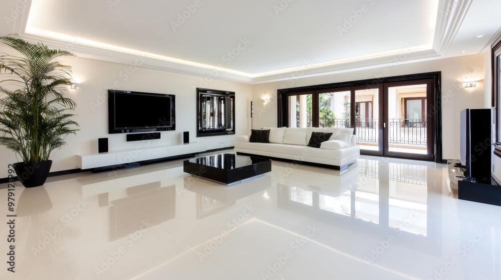 Modern Living Room Interior Design with White Sofa TV and Glossy Floor Modern Living Room Interior Design with White Sofa TV and Glossy Floor