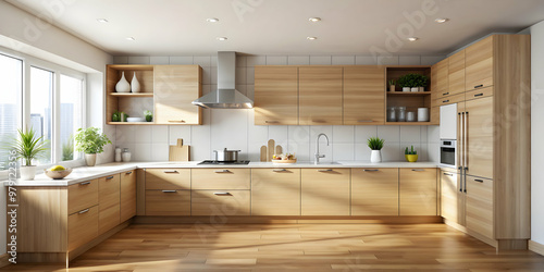 Modern kitchen interior with light wooden cabinets and white walls, modern, kitchen, interior, light, wooden, cabinets