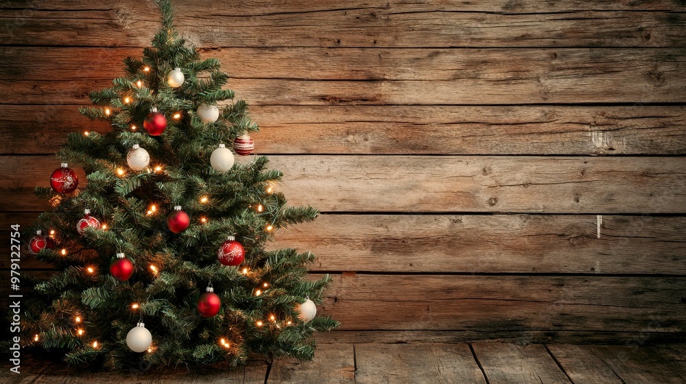 Christmas tree with red and white baubles and lights against an old wood background.generative ai Christmas tree with red and white baubles and lights against an old wood background.generative ai