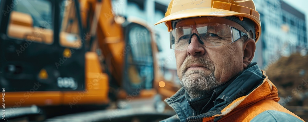 A construction worker, wearing safety gear and an orange reflective jacket, stands with arms crossed at a busy construction site with machinery in the background A construction worker, wearing safety gear and an orange reflective jacket, stands with arms crossed at a busy construction site with machinery in the background