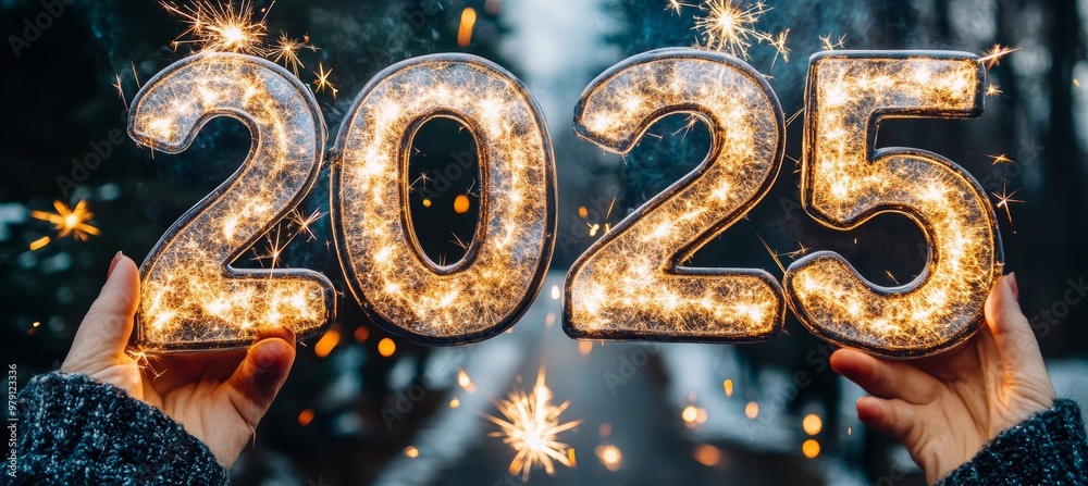Fototapeta premium Celebrating the New Year 2025 Shining Numbers Sparkle Against a Festive Winter Lights Background