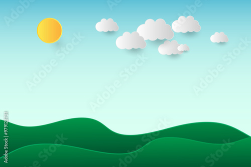 Meadow Landscape With Sun And Clouds Background. Vector Illustration. Paper Cut. Minimal