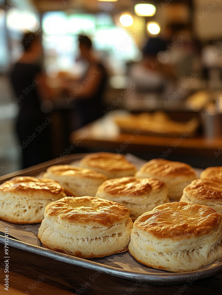 A tray of fresh golden brown biscuits in a bakery kitchen. A tray of fresh golden brown biscuits in a bakery kitchen.