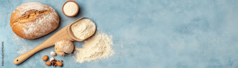 Fototapeta premium Freshly baked bread with flour, eggs, and tools on a blue surface, perfect for illustrating baking and culinary themes.