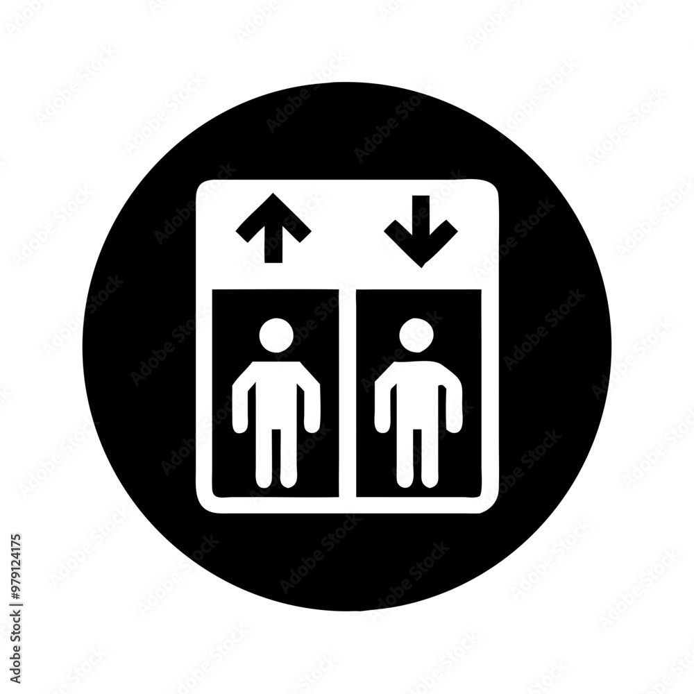 Elevator Icon with Up and Down Arrows, Black and White, Public Sign in a Circle Elevator Icon with Up and Down Arrows, Black and White, Public Sign in a Circle