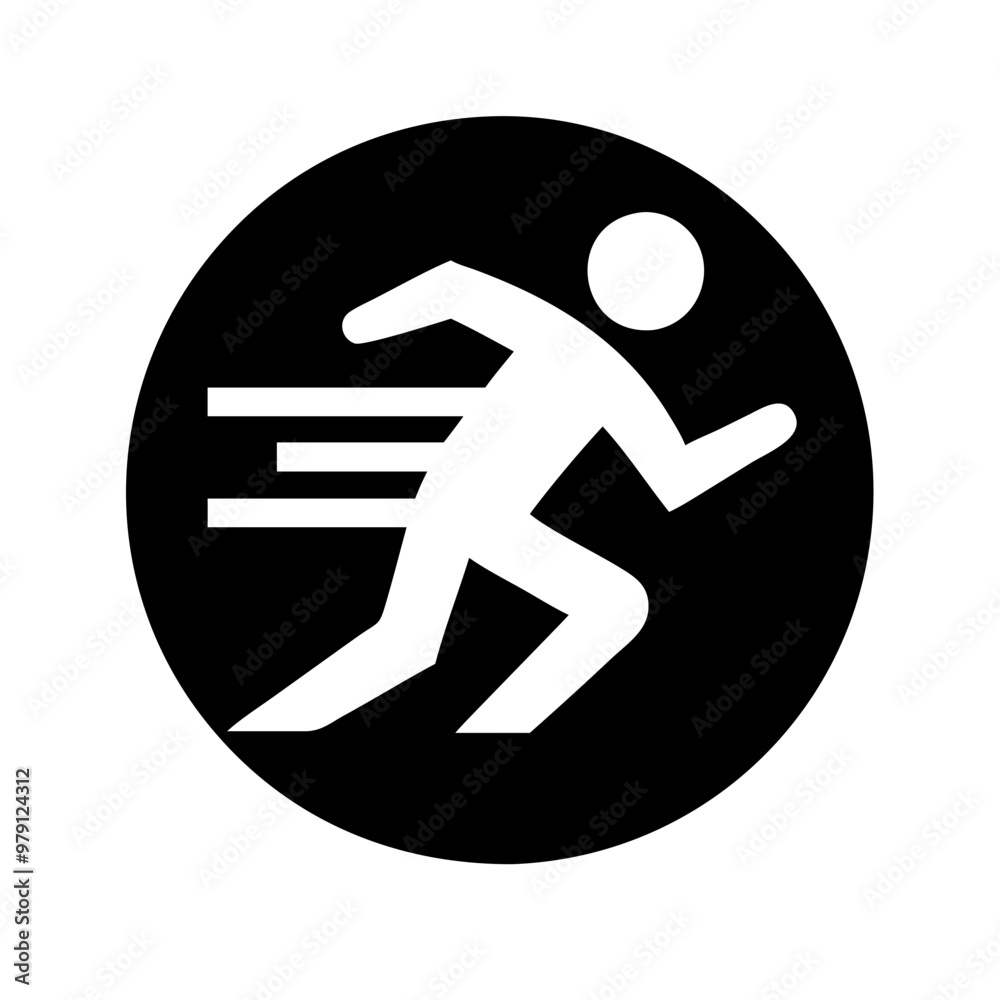 Person Running Icon with Speed Lines, Black and White, Fast Movement Symbol in a Circle Person Running Icon with Speed Lines, Black and White, Fast Movement Symbol in a Circle