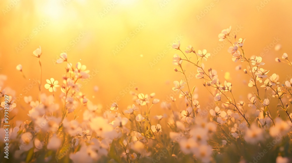 Delicate white flowers bloom in a field of warm, golden light. Delicate white flowers bloom in a field of warm, golden light.