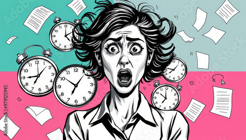 A woman with an expression of panic on her face, surrounded by paper sheets flying in the air and several clocks
