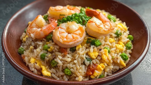 Shrimp Sauce egg fried rice, designed for a menu picture. The dish features a few shrimps visibly shown on top of the vibrant egg fried rice.