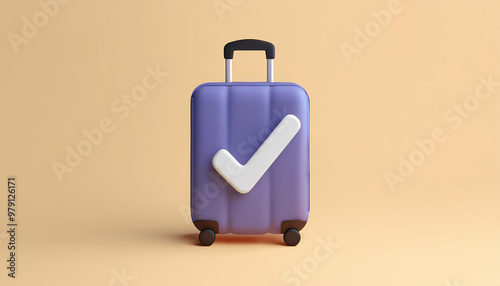 Colorful suitcase with a checkmark symbol, representing travel readiness and adventure, set against a warm beige background.