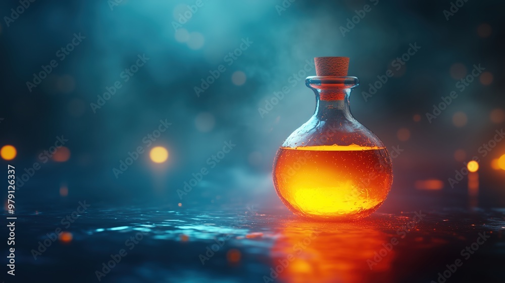 Glowing orange sphere potion flask, glass bottle, cork stopper, mystical mist, foggy, blurred background Glowing orange sphere potion flask, glass bottle, cork stopper, mystical mist, foggy, blurred background