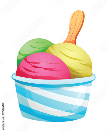 Ice cream scoops in a cup with wooden spoon. Vector cartoon illustration
