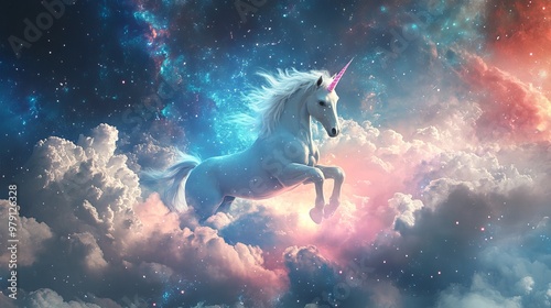 A unicorn made of fantasy digital art emerges from ethereal clouds. futuristic galaxies 