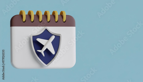 An illustration of a calendar icon featuring an airplane shield, symbolizing travel safety and planning.