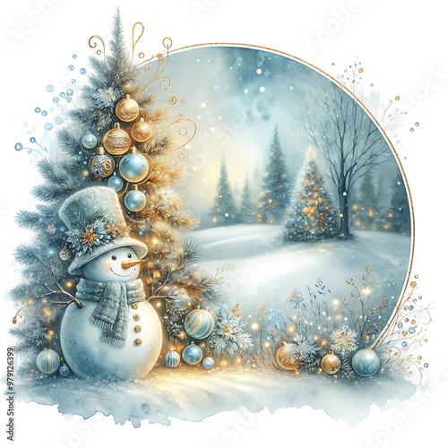 Magical Christmas blue gold winter composition with a snowman in snowy forest, golden garlands on Chrestmas tree. New Year square postcard