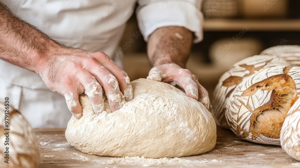 Baker s Hands Shaping Dough with Flour on Wooden Table Baker s Hands Shaping Dough with Flour on Wooden Table