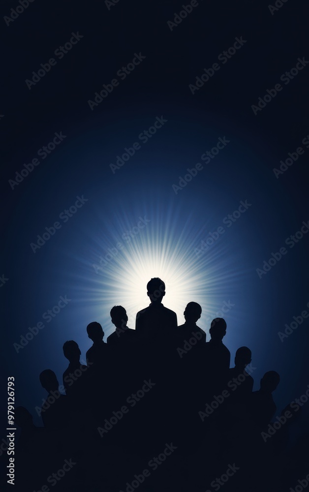Silhouetted figures against a radiant light, symbolizing unity, leadership, and inspiration in a creative and dramatic setting.