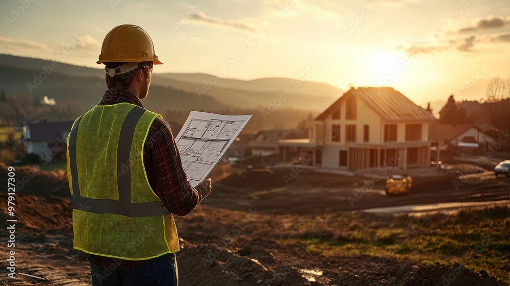 Construction Worker Reviewing Plans at Sunset. Construction Worker Reviewing Plans at Sunset.