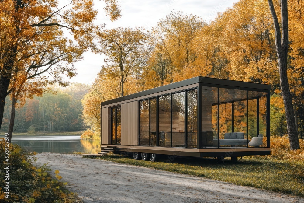 Obraz premium Tiny trailer container house autumn architecture outdoors.